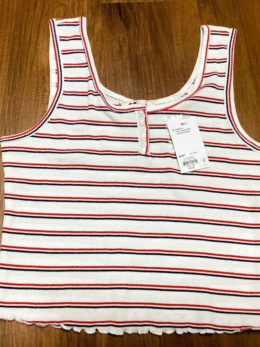 Kohl's Size Large Henley Style White with Blue & Red Stripes Cropped Tank Top